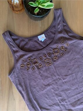 Vintage Dark Brown Scoop Neck Tank with Square Bead Accents